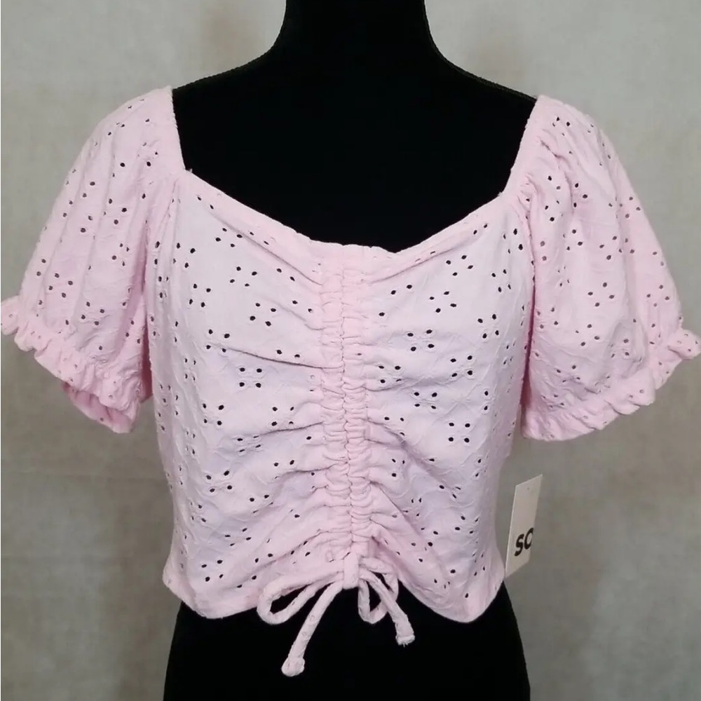 NWT SO Brand Junior Plus Size 1X Summer Shirt Pink Cinch Front Puff Sleeve Top